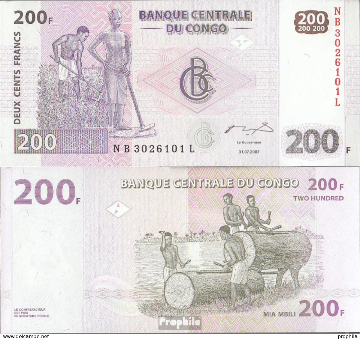 Kongo (Kinshasa) Pick-Nr: 99a Bankfrisch 2007 200 Francs - Zonder Classificatie
