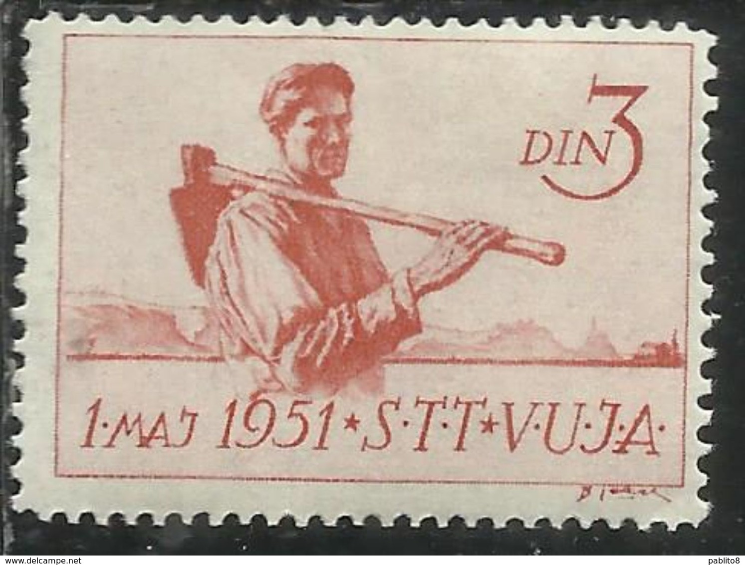 TRIESTE B 1951 VARIETY VARIETA' LABOUR DAY 1TH MAY 1 MAGGIO YUGOSLAVIA OVERPRINT SOPRASTAMPATO JUGOSLAVIA DIN 3d MNH - Neufs