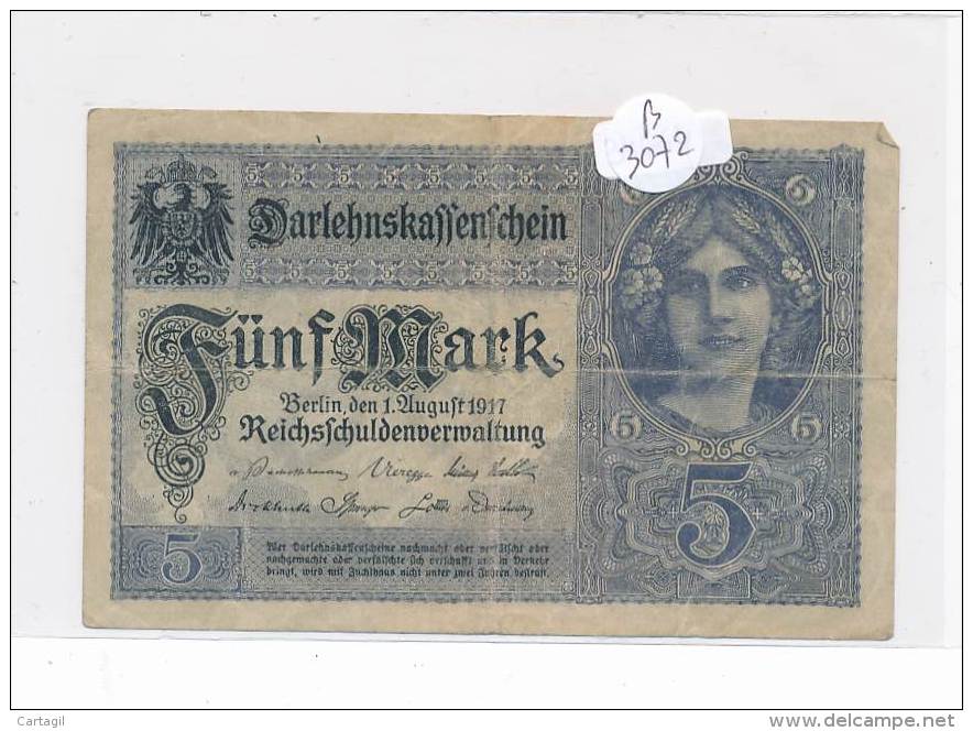 Billets -B3072 - Allemagne - 5 Mark 1917 (type, Nature, Valeur, état... Voir  Double Scan) - 5 Mark