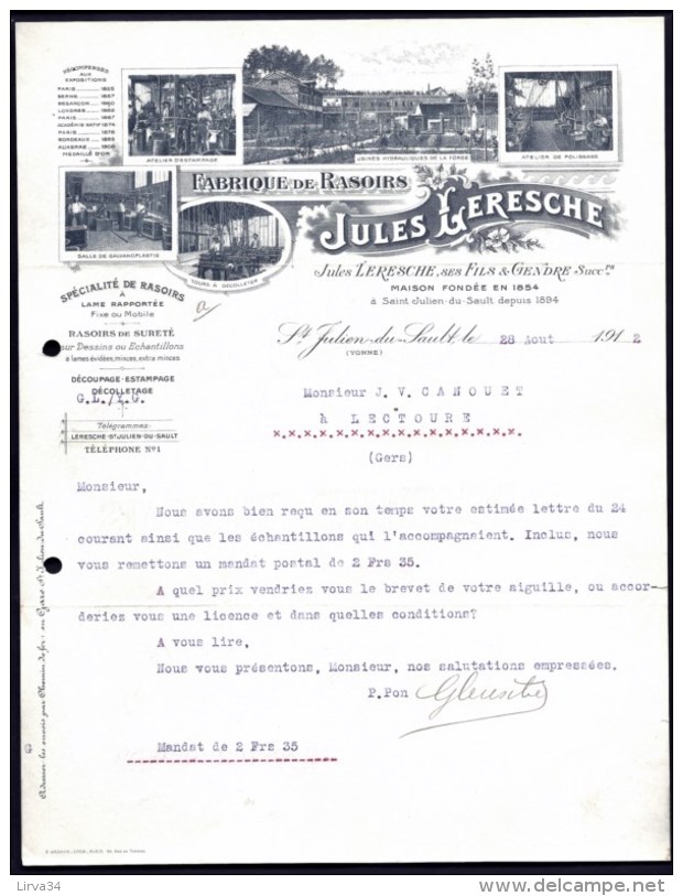 FACTURE OU LETTRE ANCIENNE DE ST-JULIEN-DU-SAULT (89) 1912- FABRIQUE DE RASOIRS- TRES BELLE ILLUSTRATION 5 VUES- 2 SCANS - Autres & Non Classés