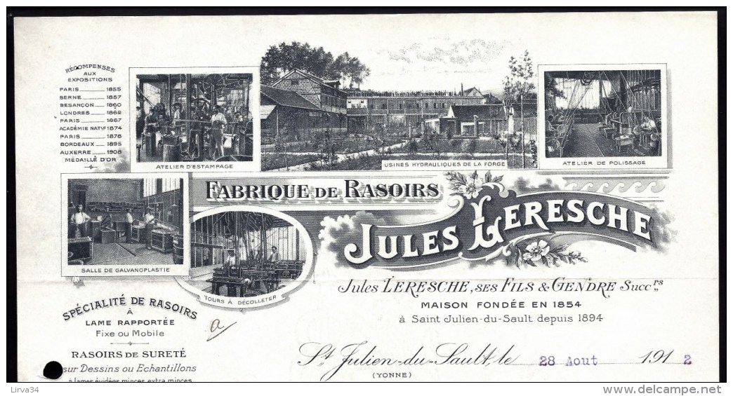 FACTURE OU LETTRE ANCIENNE DE ST-JULIEN-DU-SAULT (89) 1912- FABRIQUE DE RASOIRS- TRES BELLE ILLUSTRATION 5 VUES- 2 SCANS - Autres & Non Classés