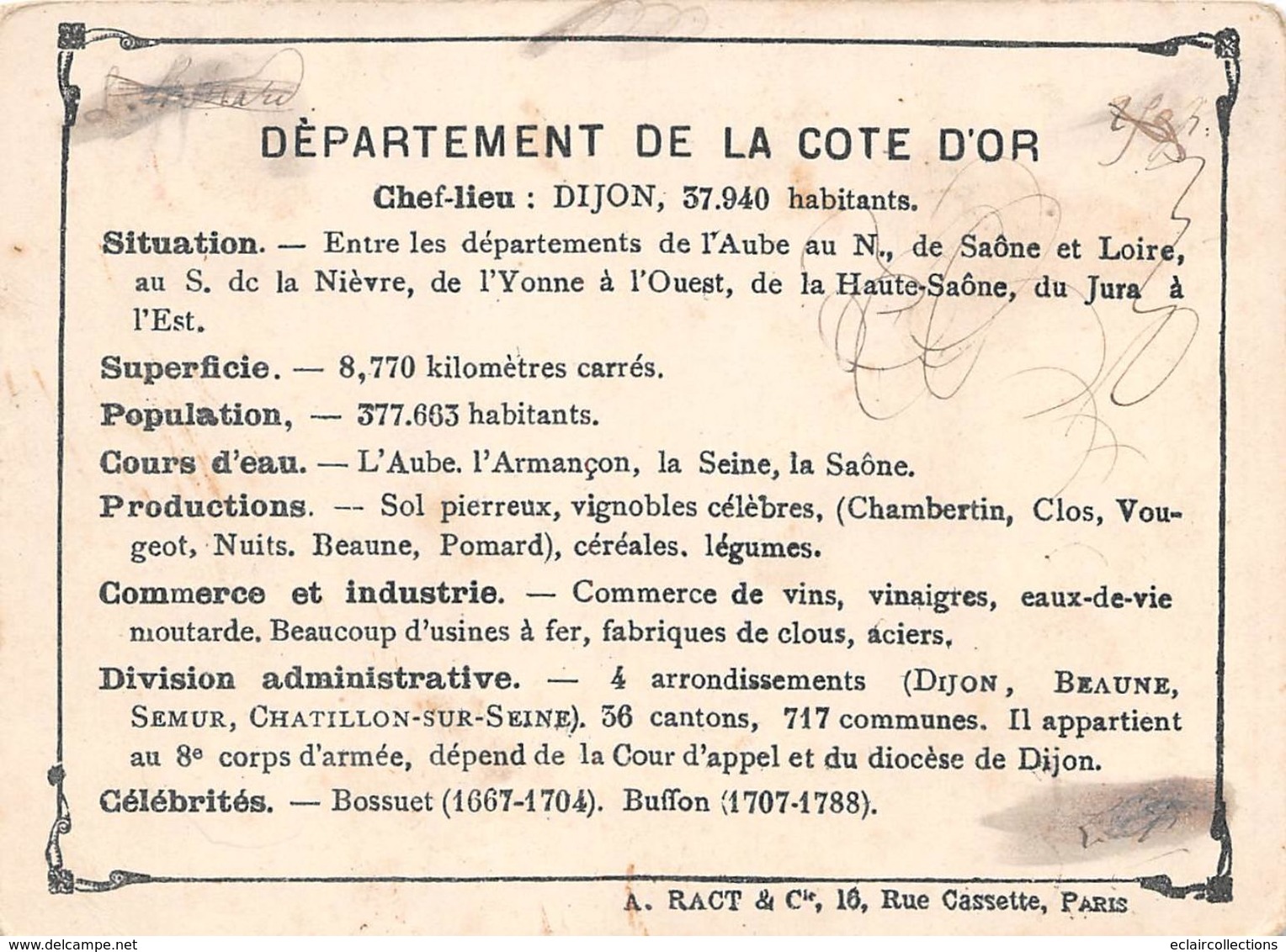 Côte-d'Or     21   Image Chromo Géographique Du Département     11.5 X8.5     (voir Scan) - Other & Unclassified
