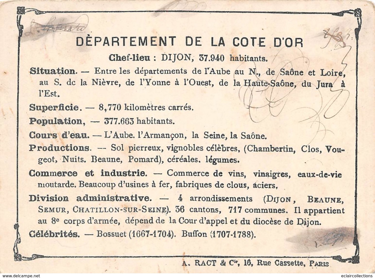 Côte-d'Or     21   Image Chromo Géographique Du Département     11.5 X8.5     (voir Scan) - Sonstige & Ohne Zuordnung