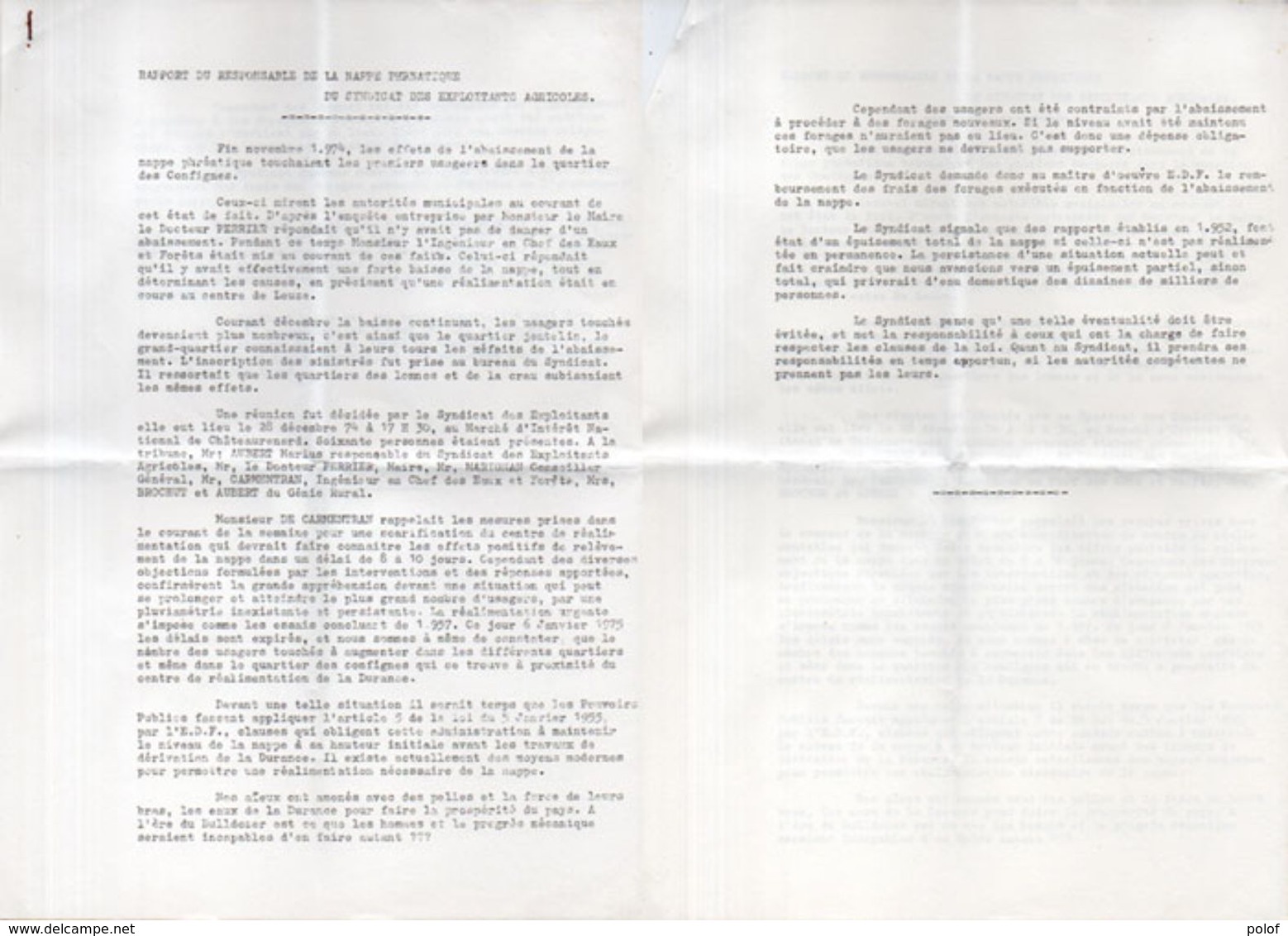 Rapport Du Responsable De La Nappe Phréatique Du Syndicat Des Exploitants Agricole De CHATEURENARD (13)  (102297) - Autres & Non Classés