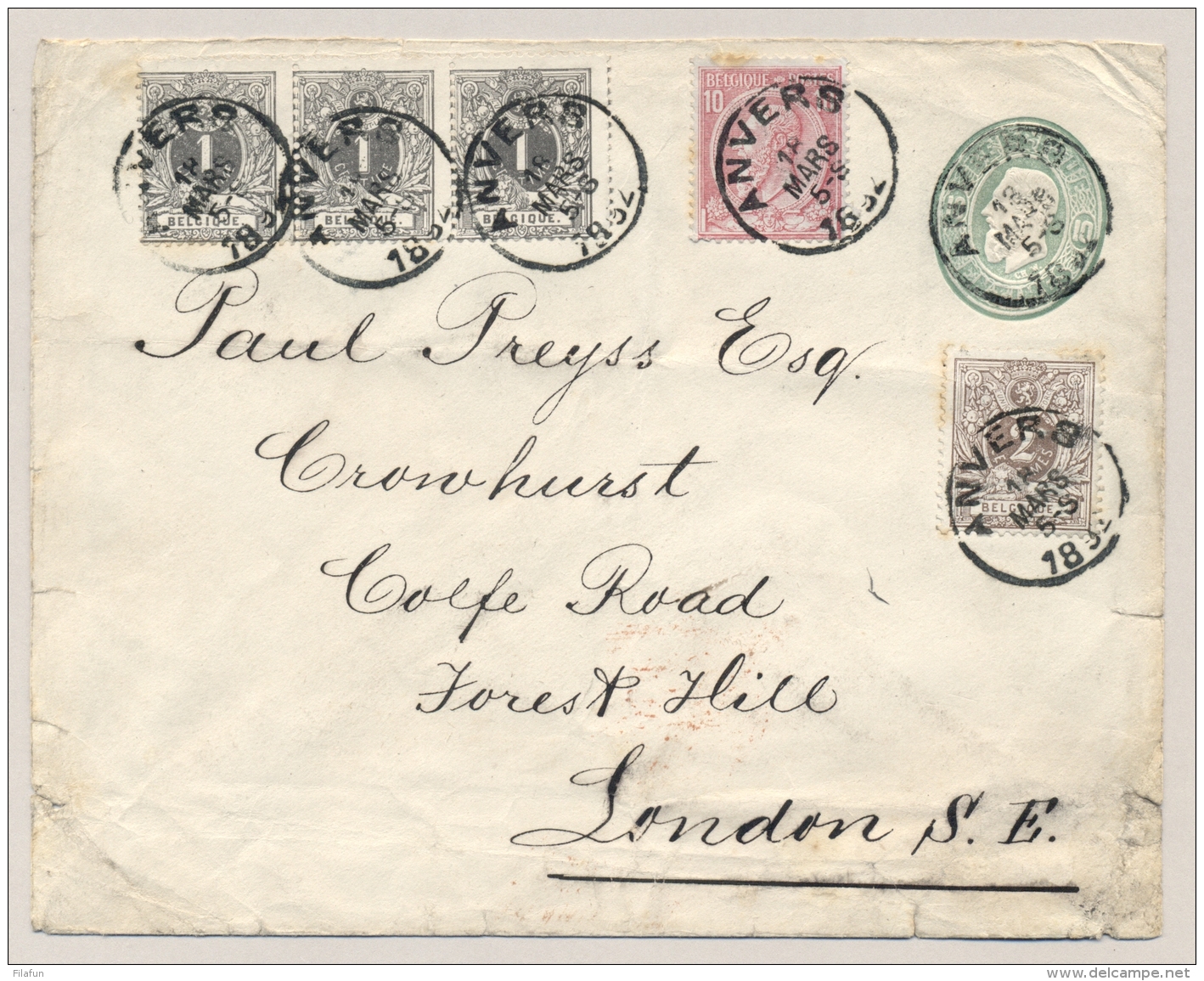 België - 1892 - 5 Zegels Op Preprinted Cover Van Anvers Naar London / UK - 1884-1891 Leopold II.