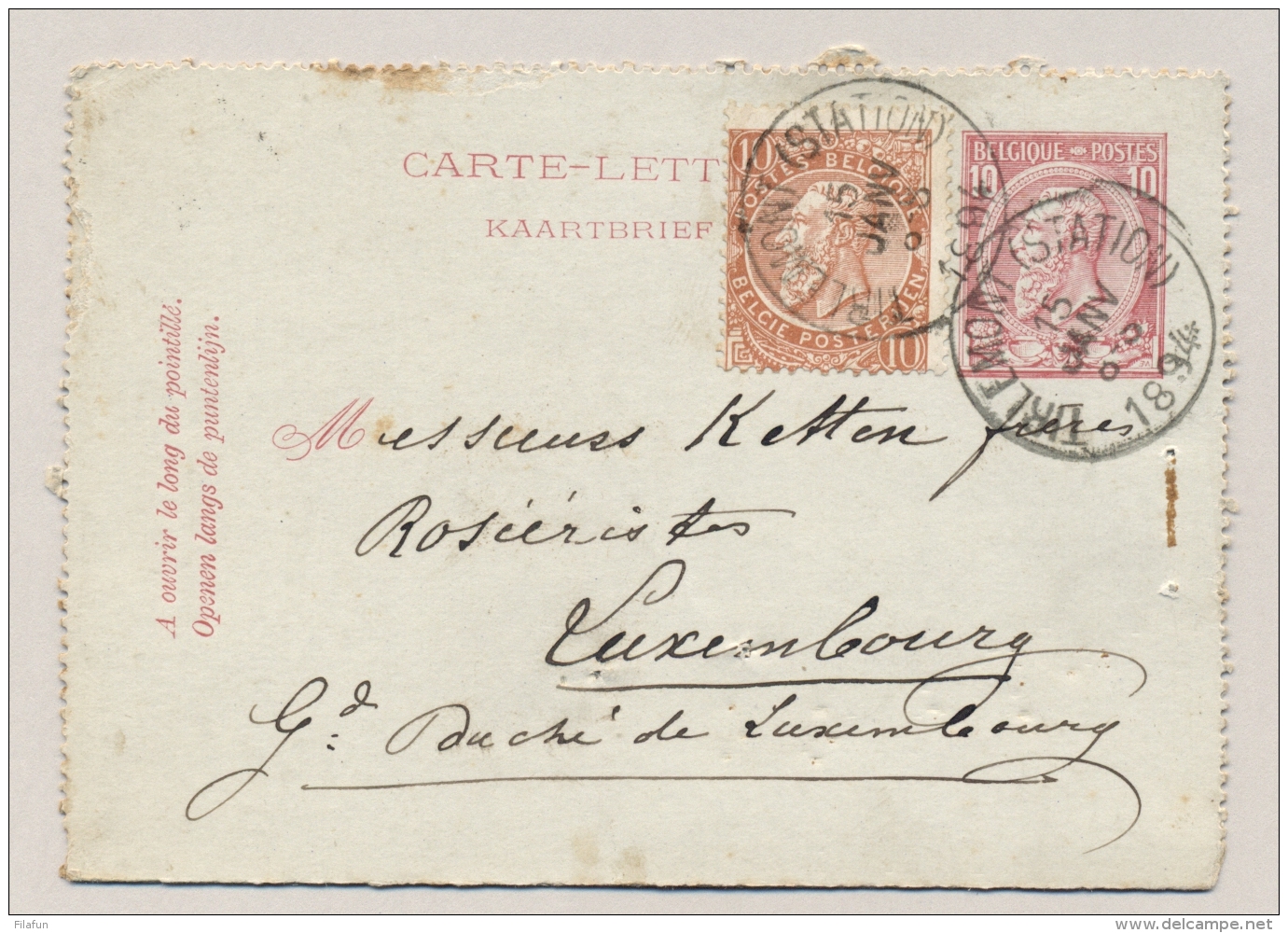 België - 1894 - 10c Carte-Lettre Met Bijfrankering Van Tirlemont Naar Luxembourg - Enveloppes-lettres