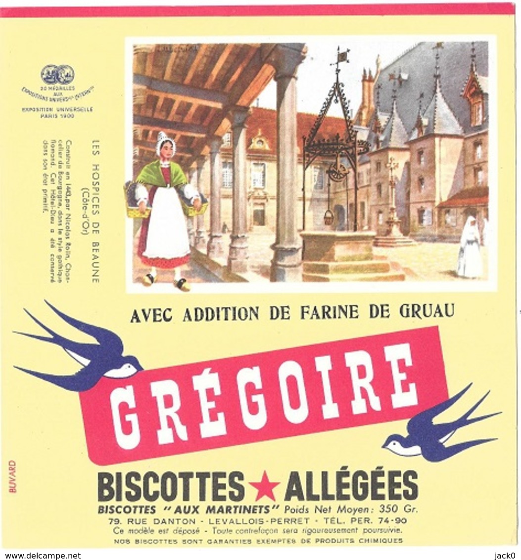 Buvard  Marque  Alimentaire  Biscottes  GREGOIRE  LES  HOSPICES  DE  BEAUNE  ( 21 _ Côte _ D' Or ) - Colecciones & Series