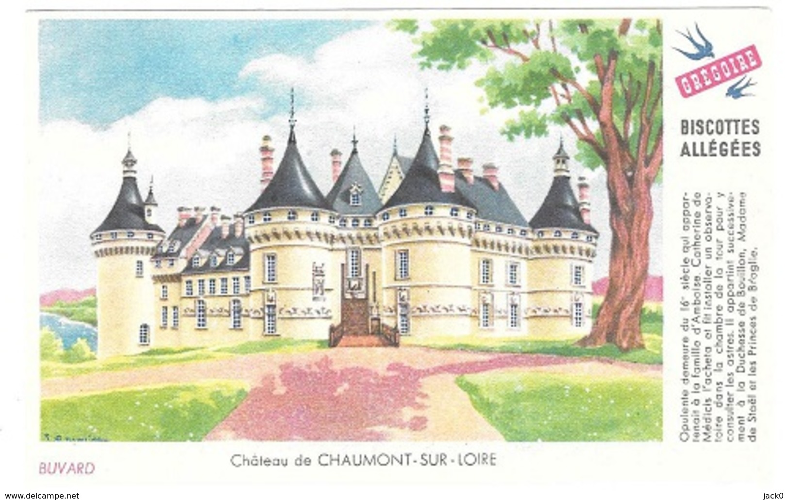 Buvard  Ville, Marque  Alimentaire  Biscottes  GREGOIRE  Château  De  CHAUMONT - SUR - LOIRE  ( 41 ) - Collections, Lots & Séries