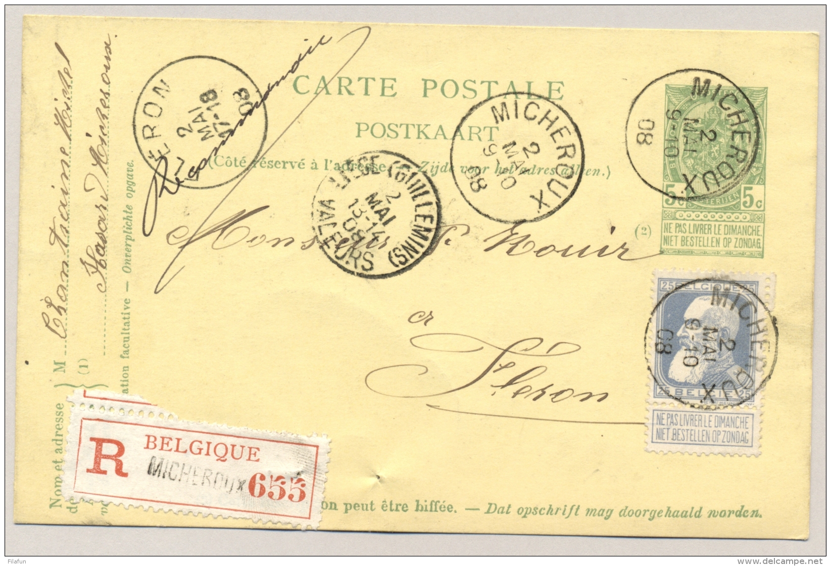 België - 1908 - 25c Bijfrankering Op R-Briefkaart Van Micheroux Naar Fleron - Briefkaarten 1871-1909