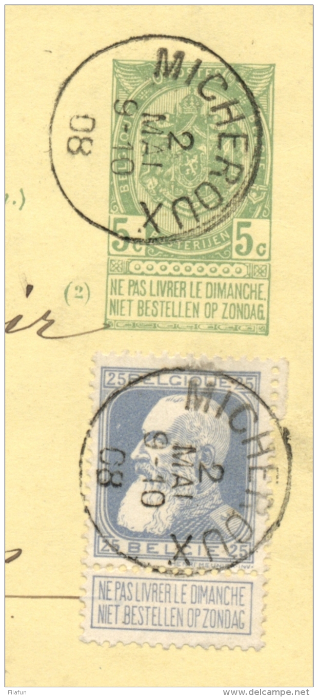 België - 1908 - 25c Bijfrankering Op R-Briefkaart Van Micheroux Naar Fleron - Briefkaarten 1871-1909