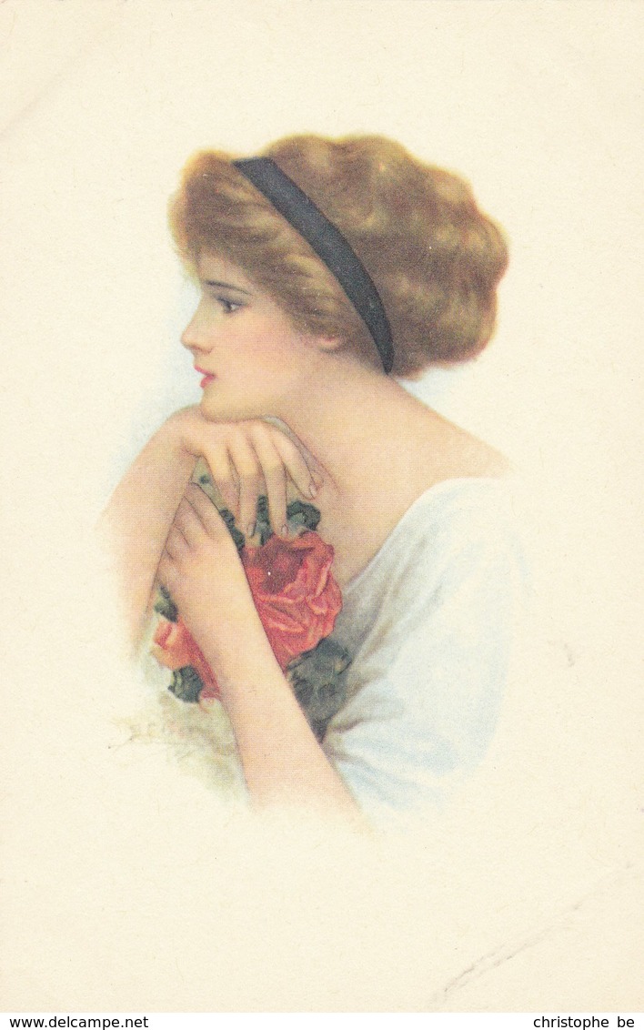 Illustrated Postcard, Lady With Roses (pk43074) - Autres & Non Classés