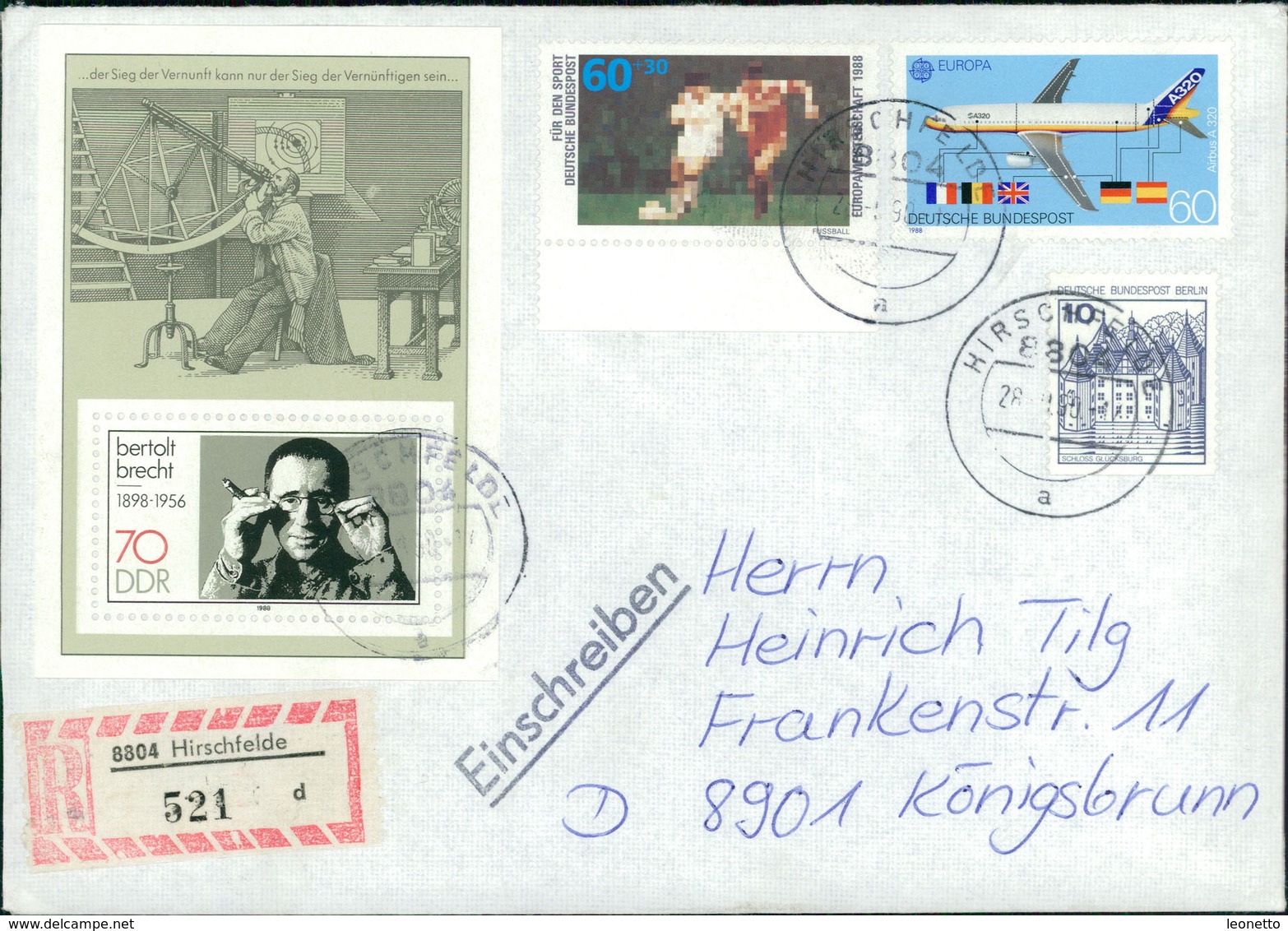 Brief Einschreiben Mischfrankatur DDR BRD, Block Bertolt Brecht 1988 (418) - Briefe U. Dokumente