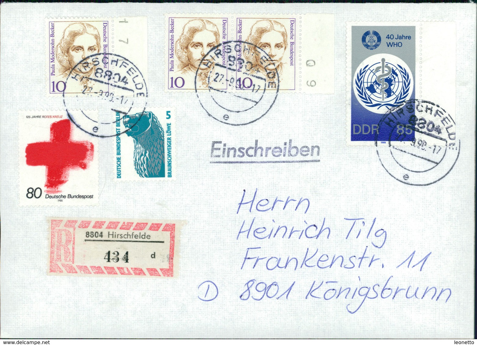 Brief Einschreiben Mischfrankatur DDR BRD, 40 Jahre WHO 1988 (420) - Briefe U. Dokumente