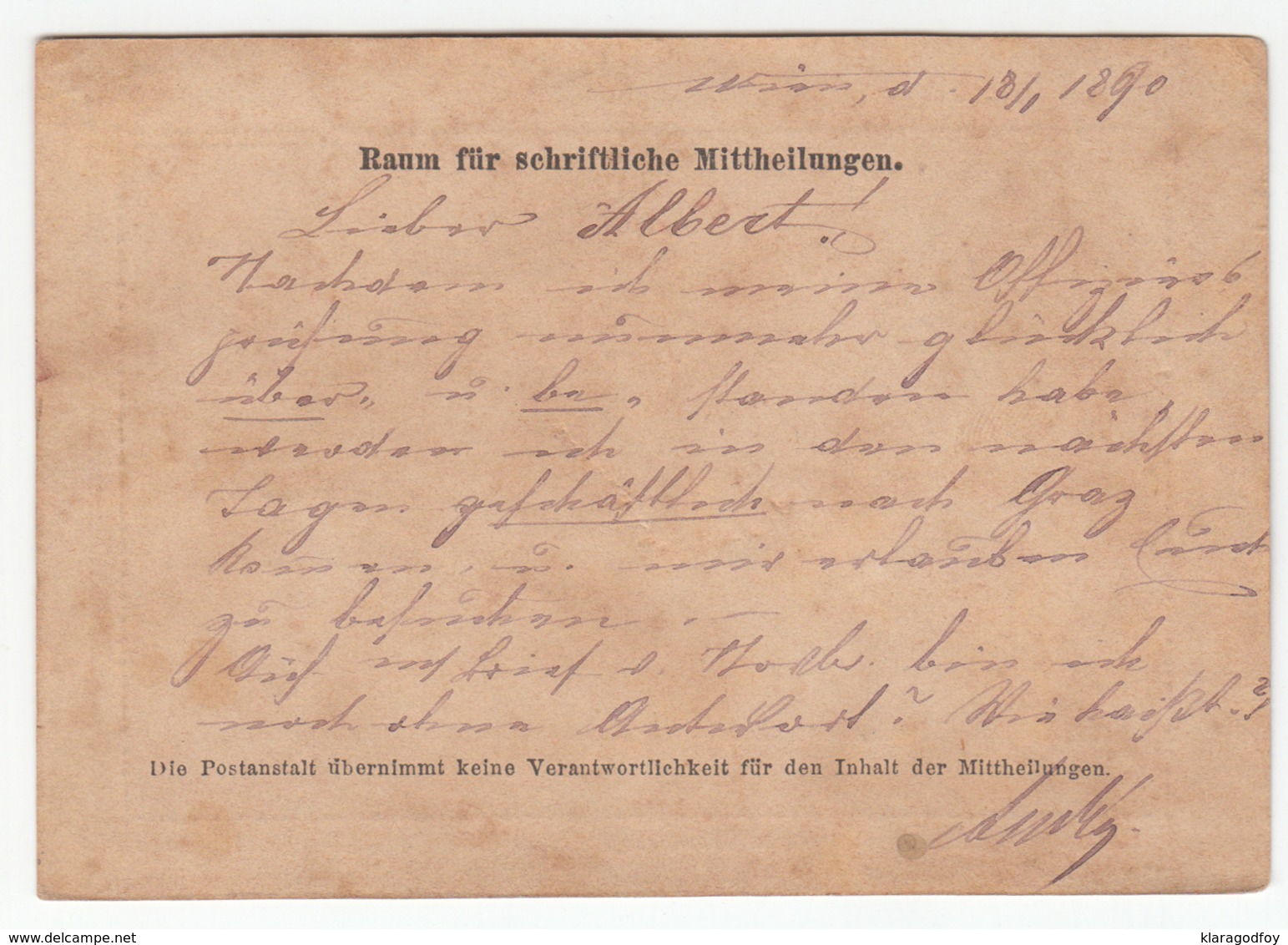 Austria Postal Stationery Postcard Correspondenz-Karte 1870 Wien To Graz B180205 - Altri & Non Classificati