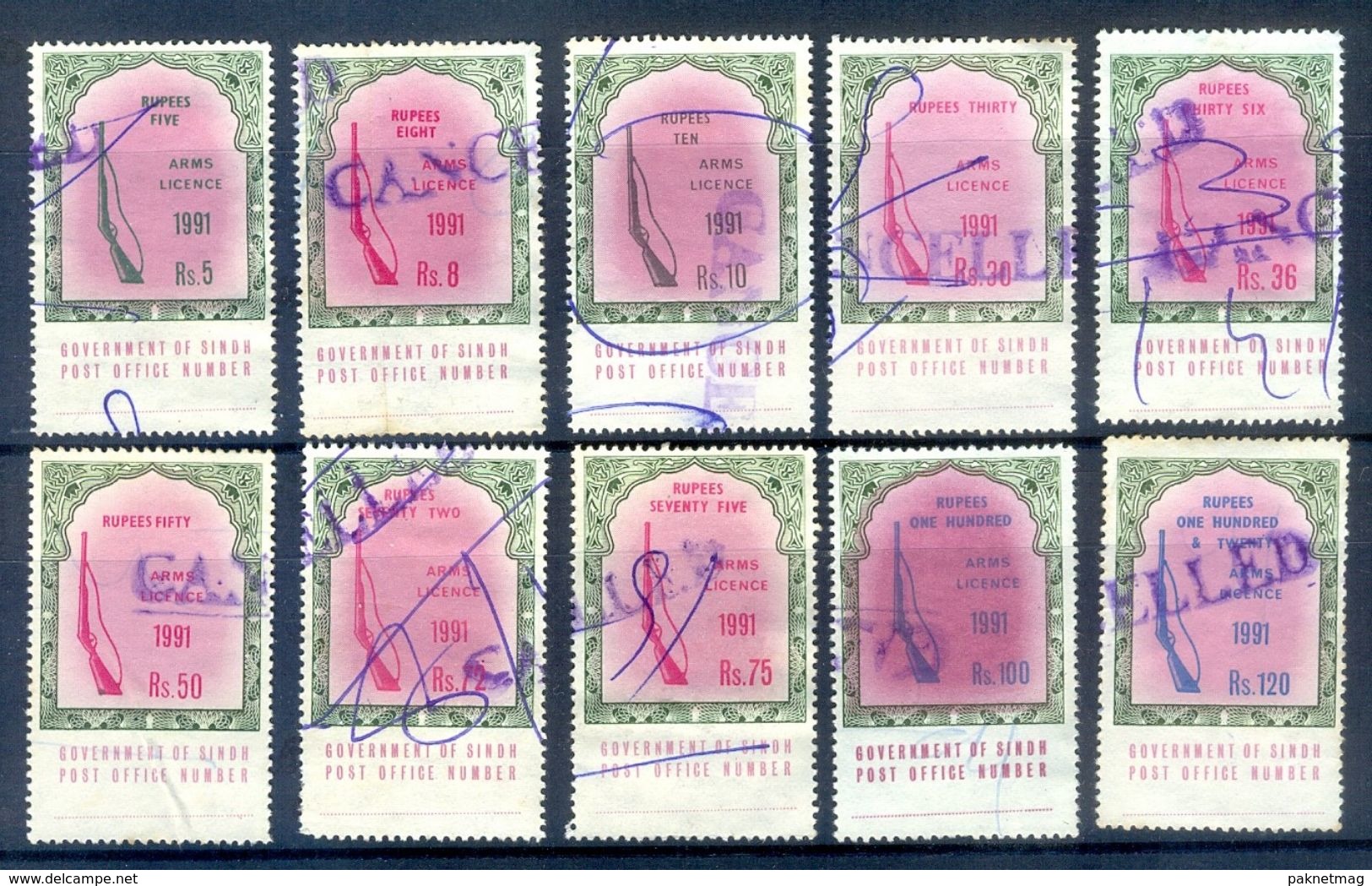 R46- Lot Of Ten Different Pakistan Arms Licenece Revenue Stamps. Sindh Province. - Pakistan