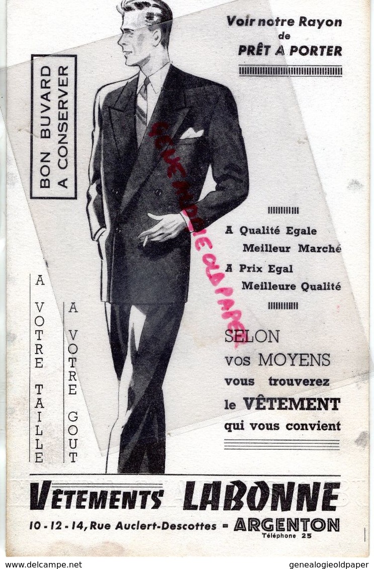 36- ARGENTON SUR CREUSE- RARE DOUBLE BUVARD VETEMENTS LABONNE -10 RUE AUCLERT DESCOTTES-MODE HOMME FEMME ENFANT - Textile & Vestimentaire