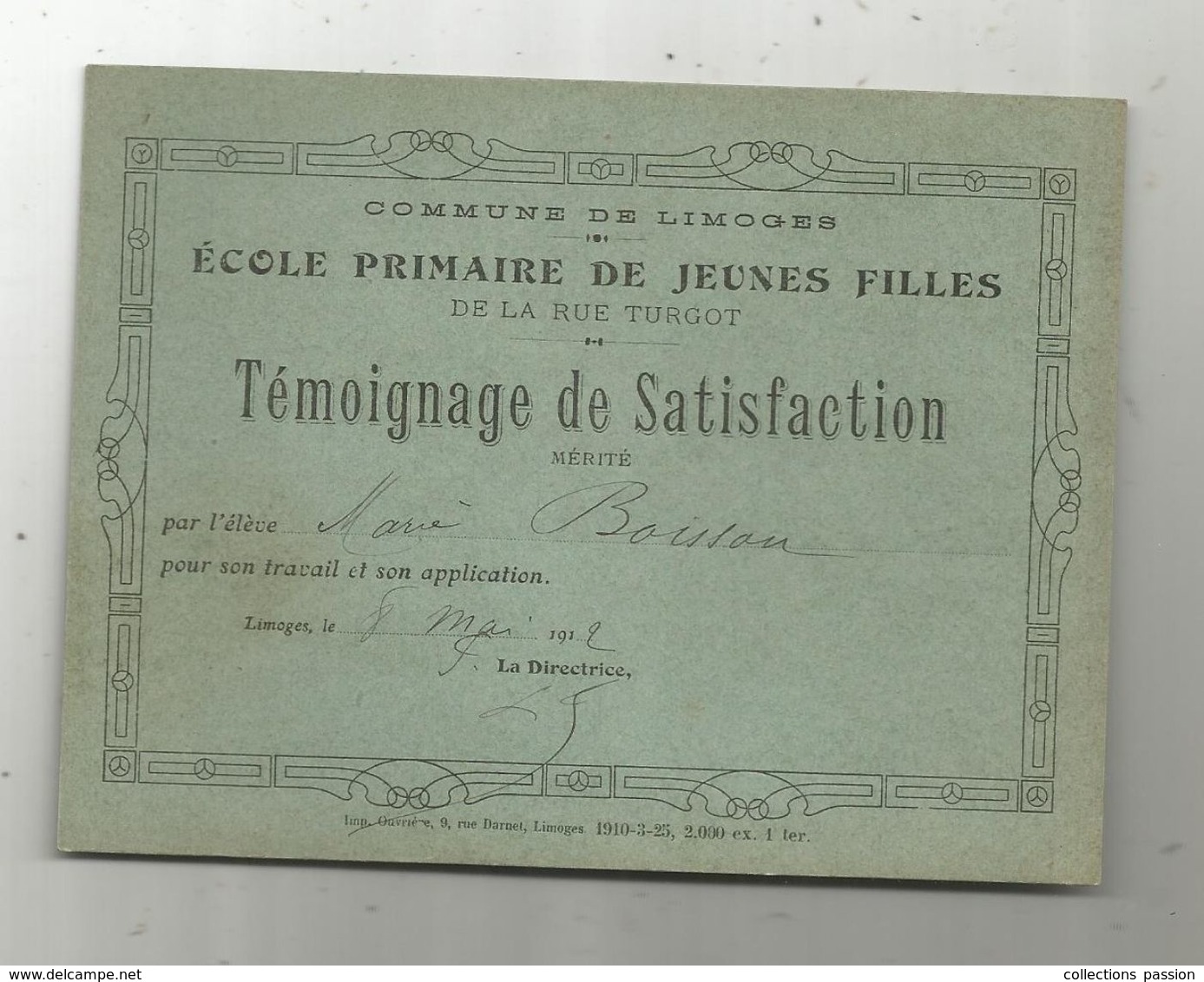 école , Témoignage De Satisfaction, 1912 , LIMOGES , école Primaire De Jeunes Filles De La Rue TURGOT - Ohne Zuordnung