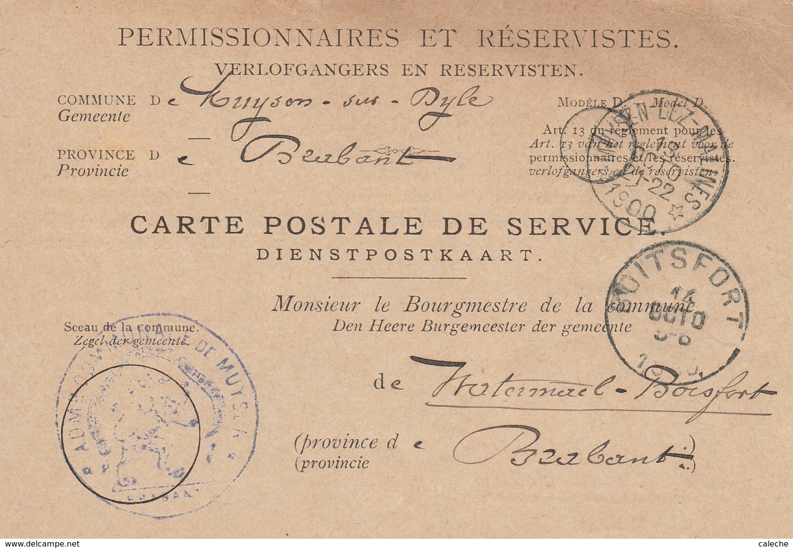 Carte Postale De Service Pour Permissionnaires Et Réservistes -armée -1900 - Relais Muysen-Lez-Malines - Postmarks With Stars