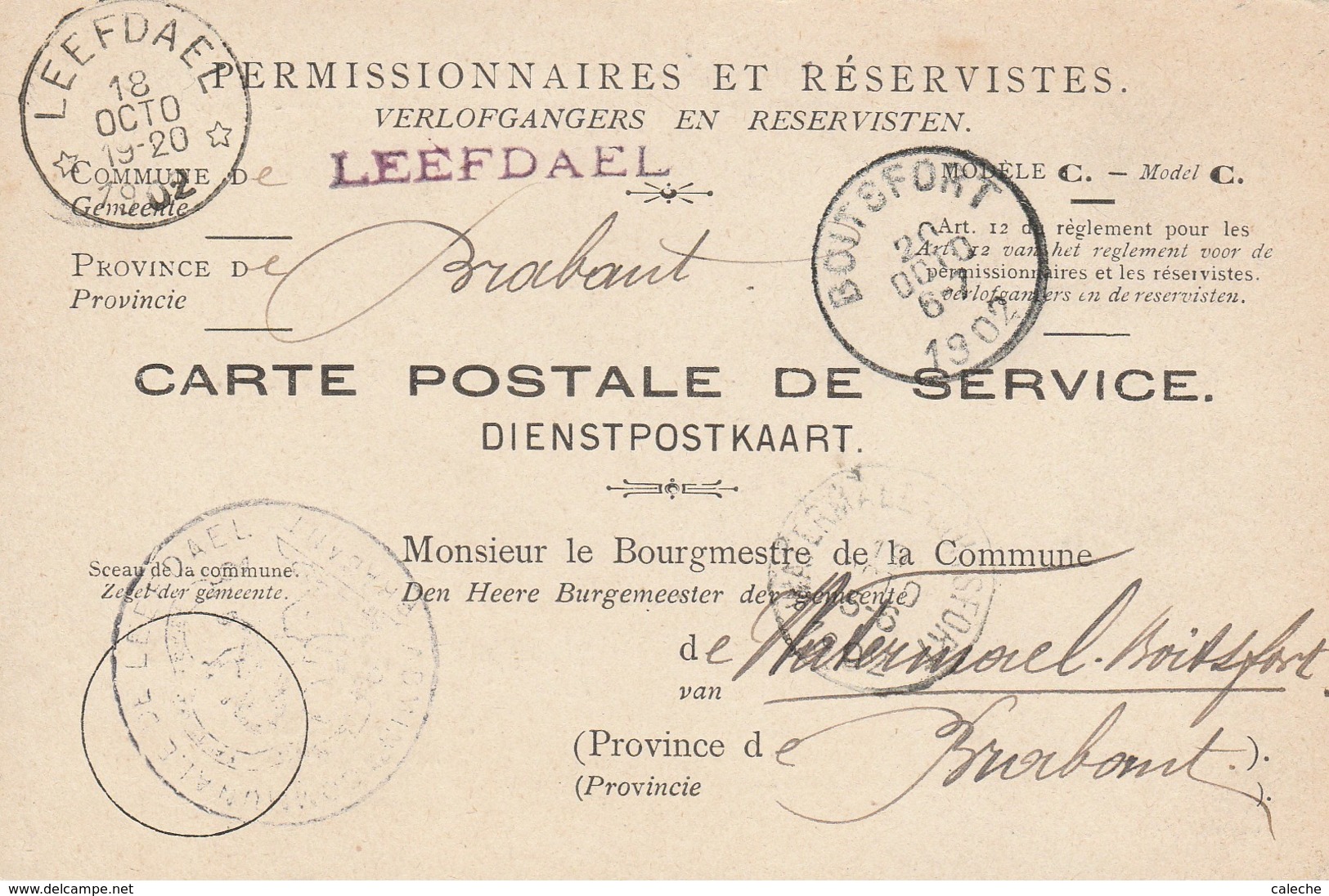 Carte Postale De Service Pour Permissionnaires Et Réservistes -armée -1902 -relais Leefdael - Bertem