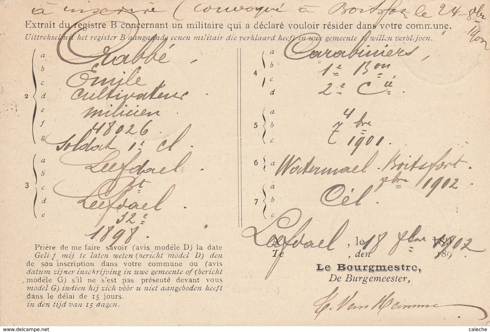 Carte Postale De Service Pour Permissionnaires Et Réservistes -armée -1902 -relais Leefdael - Bertem