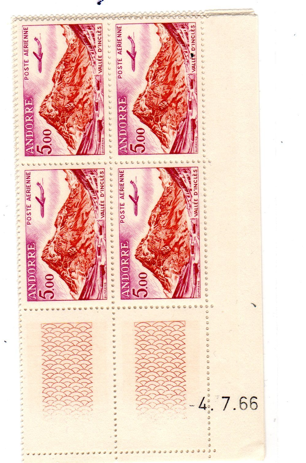 ANDORRE FRANCAIS - Poste Aérienne N°7 - CD De 4 TP ** -  2ème  Tirage Du Lundi 04/07/1966 - Airmail