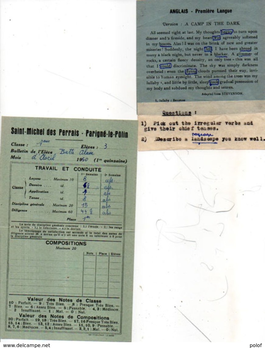 2 Documents Scolaires De SAINT MICHEL DES PERRAIS - PARIGNE LE POLIN -  Bulletin De Notes  (102318) - Diplômes & Bulletins Scolaires