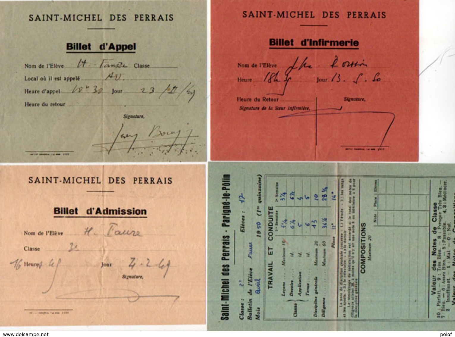 4 Documents Scolaires De SAINT MICHEL DES PERRAIS - PARIGNE LE POLIN -  Bulletin De Notes - Billet D' Appel...  (102319) - Diplômes & Bulletins Scolaires