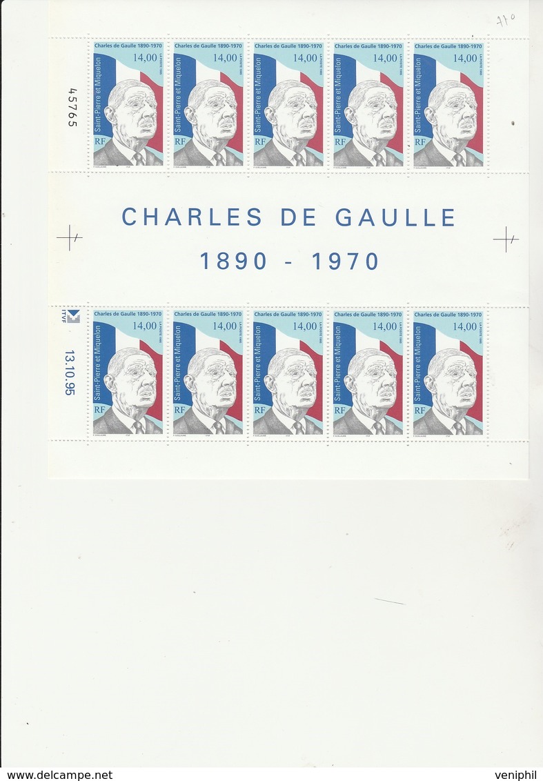 ST PIERRE ET MIQUELON - CHARLES DE GAULLE -N° 622 EN FEUILLET DE 10 TIMBRES AVEC COIN DATE - COTE :60 € - Blokken & Velletjes