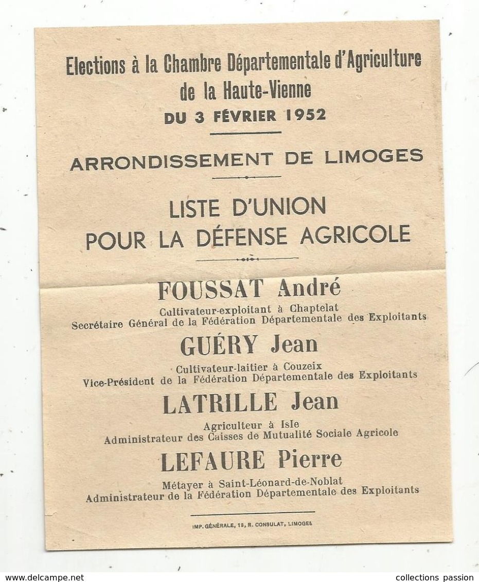 élections Chambre Départementale D'agriculture De La Haute Vienne ,1952 ,liste D'Union Pour La Défense Agricole - Ohne Zuordnung