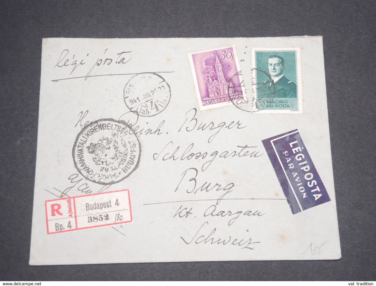 HONGRIE - Enveloppe En Recommandé De Budapest Pour La Suisse En 1941  , Affr. Plaisant, Vignette Au Verso - L 12954 - Lettres & Documents