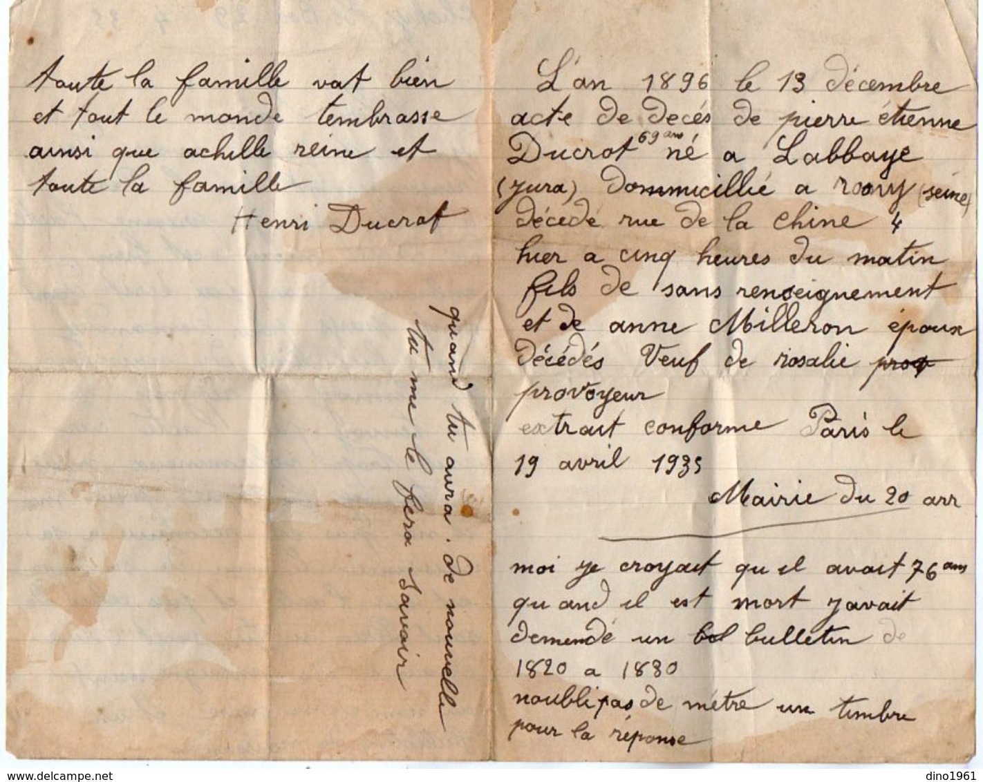 VP11.846 - Guerre 39 / 45 - Généalogie - Lettre De La Mairie De RIVIERE - DEVANT & Lettre De Mr H. DUCROT à CLICHY - Manuscripts