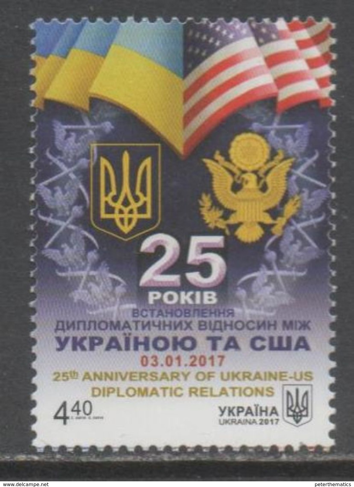 UKRAINE, 2017, MNH, 25TH ANNIVERSARY OF UKRAINE-US DIPLOMATIC RELATIONS, FLAGS, OFFICIAL SEALS, EAGLES, 1v - Stamps