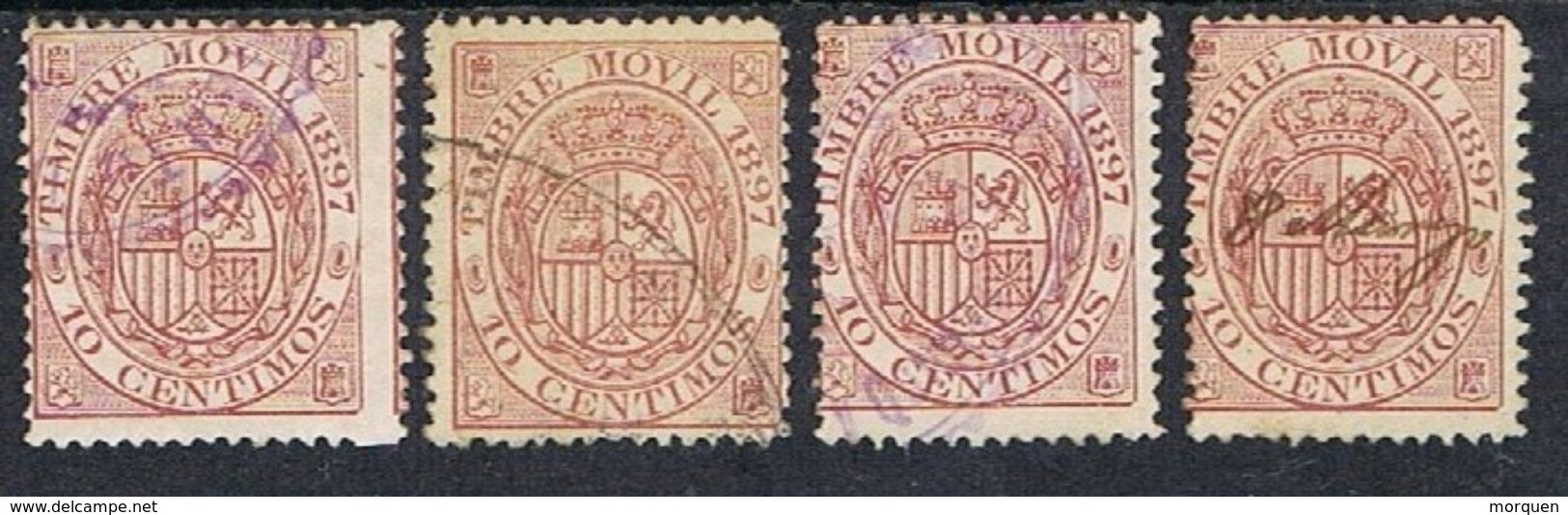 Cuatro Sellos Fiscal Postal, Timbre Movil 10 Cts 1897, VARIEDAD Salto Peine º - Postage-Revenue Stamps