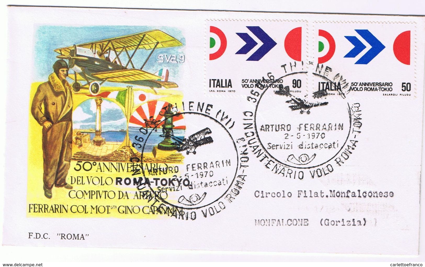 Busta F.D.C. Roma-celebrativa 50 Anniversario Volo Roma-Tokyo Arturo Ferrarin - 1970 - Aviatori
