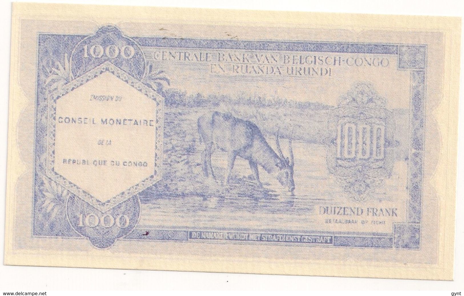 1000 FRANCS CONGO BELGE REPRODUCTION RECTO VERSO - République Démocratique Du Congo & Zaïre