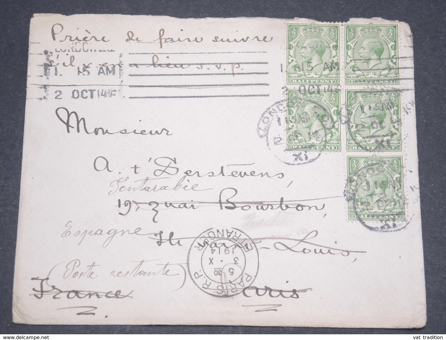 GRANDE BRETAGNE - Enveloppe De Londres  Pour La France En 1914 Et Redirigé En Espagne - L 12975 - Lettres & Documents