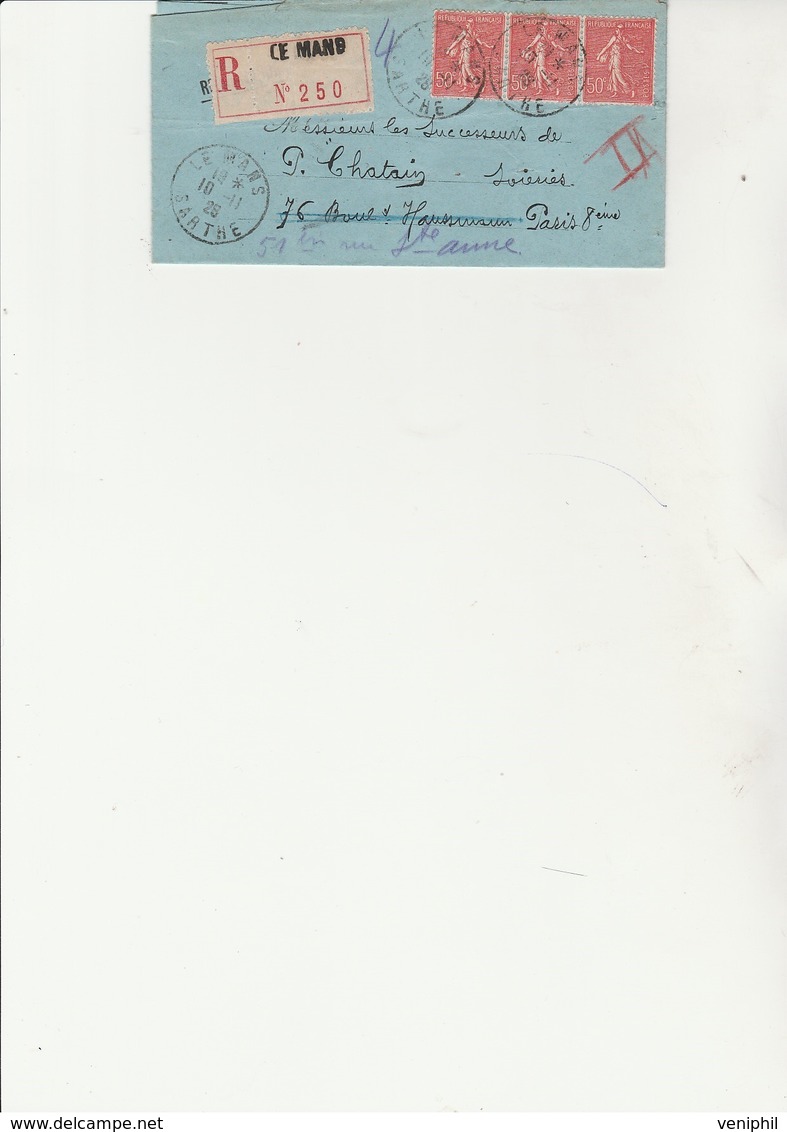 LETTRE RECOMMANDEE  AFFRANCHIE N°199 -BANDE DE 3 -CAD LE MANS -SARTHE 1928 - 1921-1960: Moderne