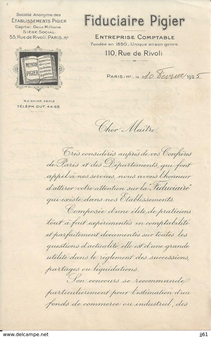 PARIS FIDUCIAIRE PIGIER LETTRE ENTETE ANNEE 1925 AU DOS CERTIFICAT DU PATRIARCHE DES ARMENIENS KLORENIE - Autres & Non Classés