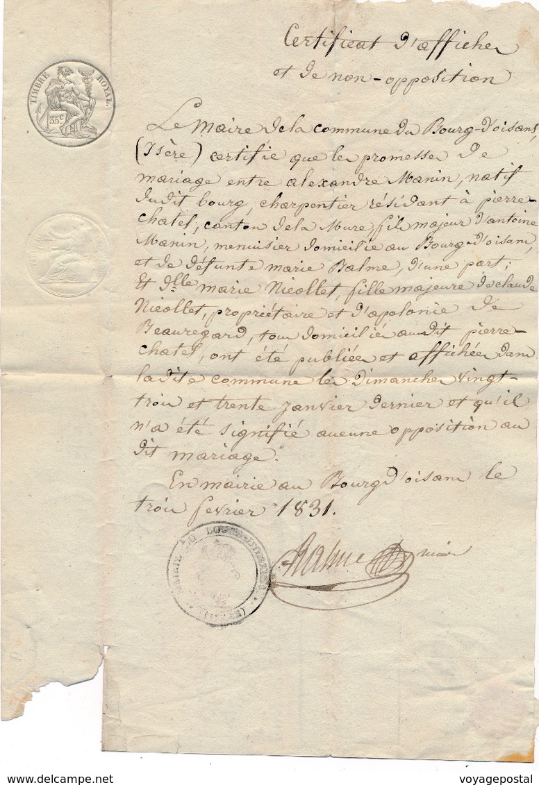 Lettre Bloc Dateur + 37 Le Bourg D'Oisans, Cachet De Marie Timbre Fiscal - 1801-1848: Precursors XIX