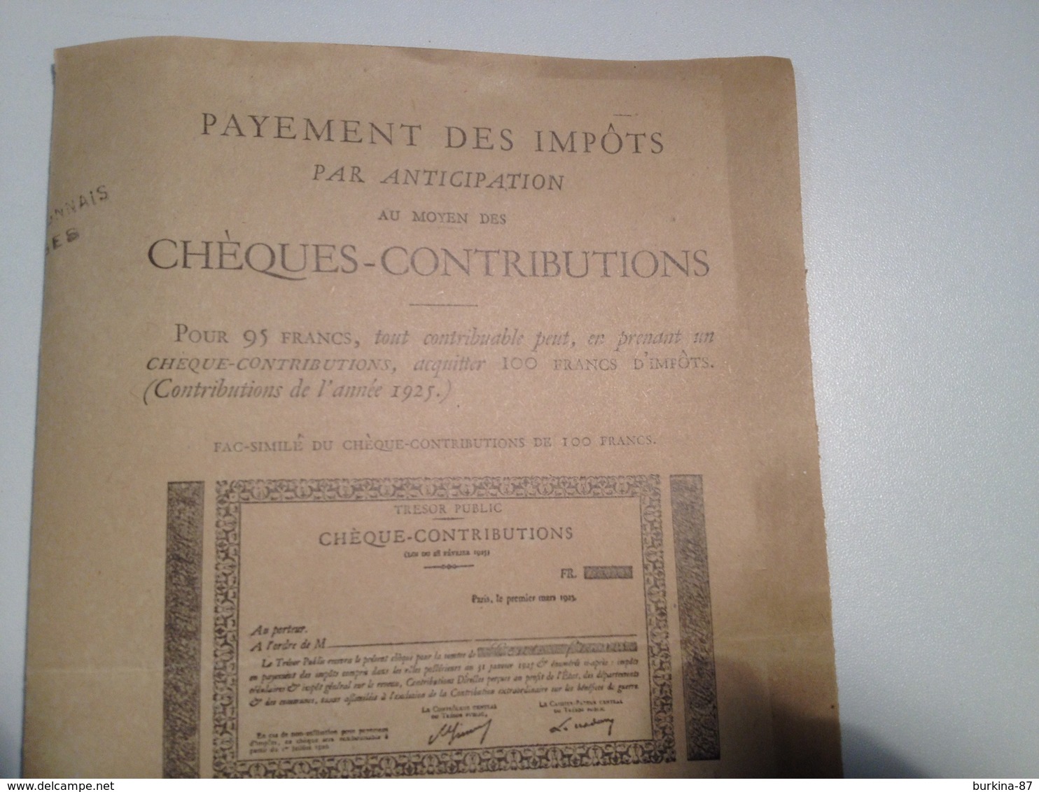 Cheques Contributions, 1925, Payement Des Impots Par Anticipation - Chèques & Chèques De Voyage