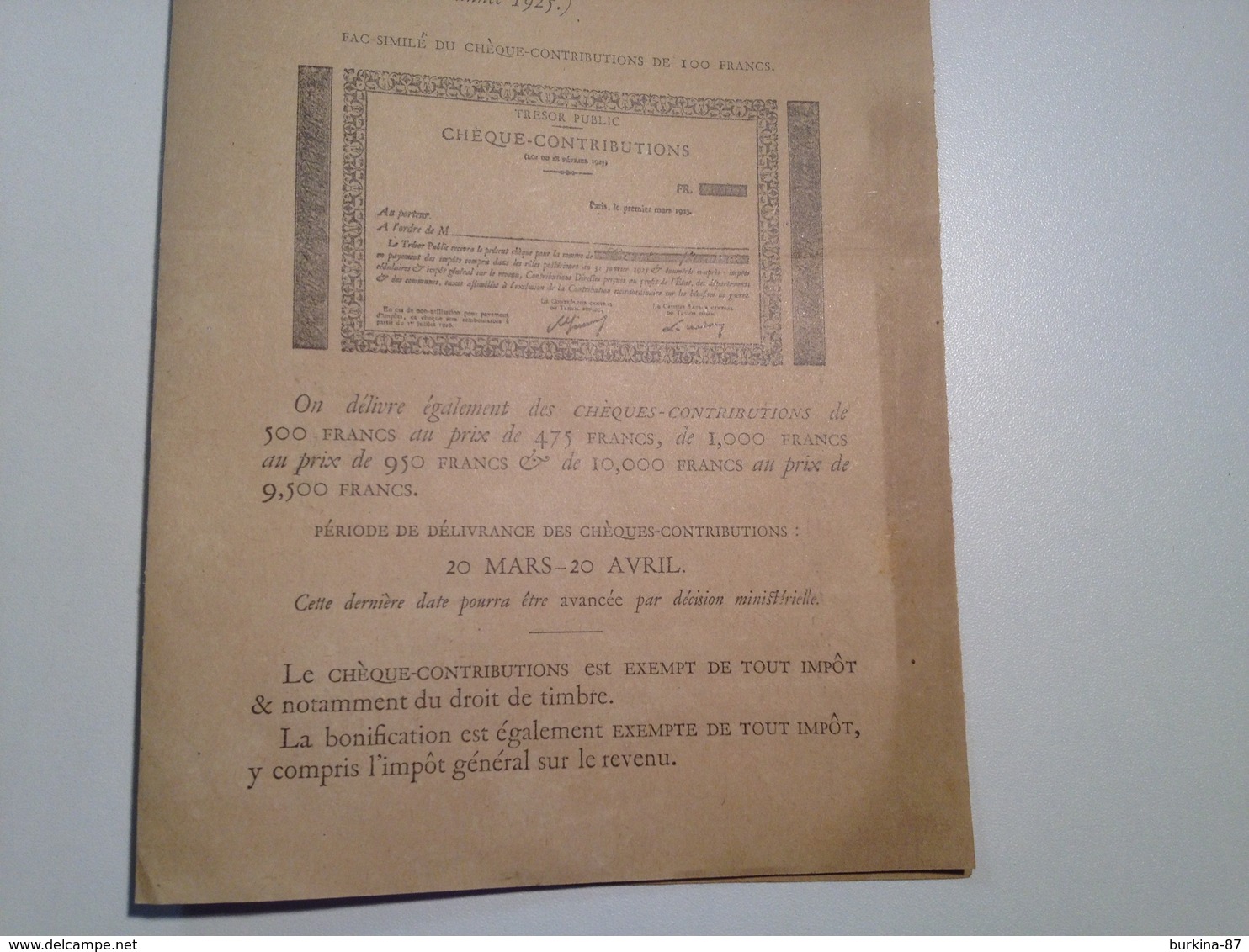 Cheques Contributions, 1925, Payement Des Impots Par Anticipation - Chèques & Chèques De Voyage