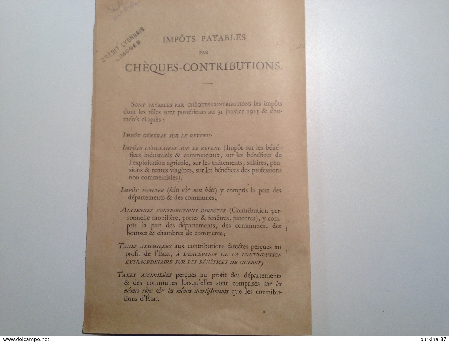 Cheques Contributions, 1925, Payement Des Impots Par Anticipation - Chèques & Chèques De Voyage