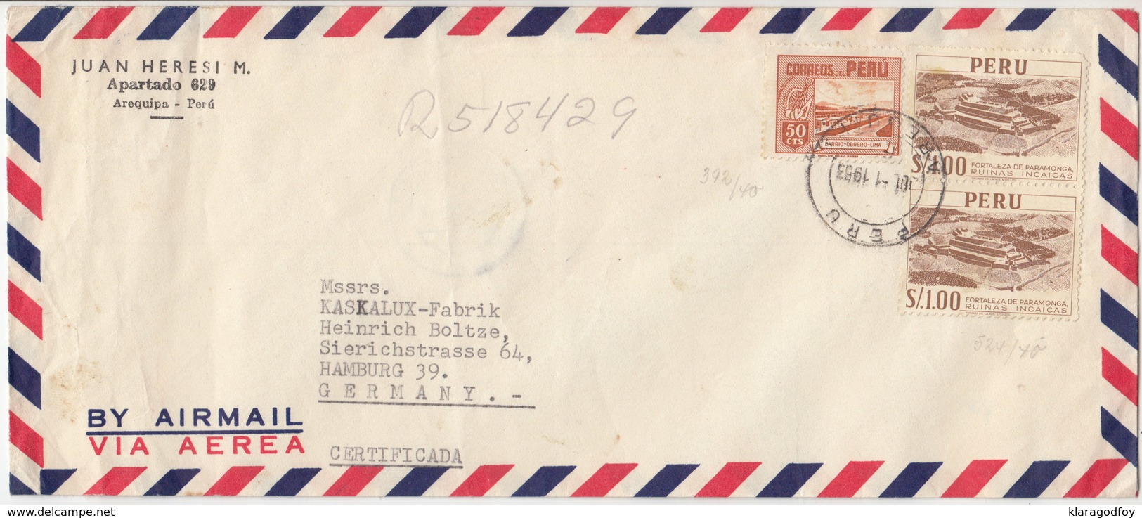 Peru, Juan Heresi Airmail Letter Cover Travelled 1953 Arequipa To Hamburg B180205 - Pérou