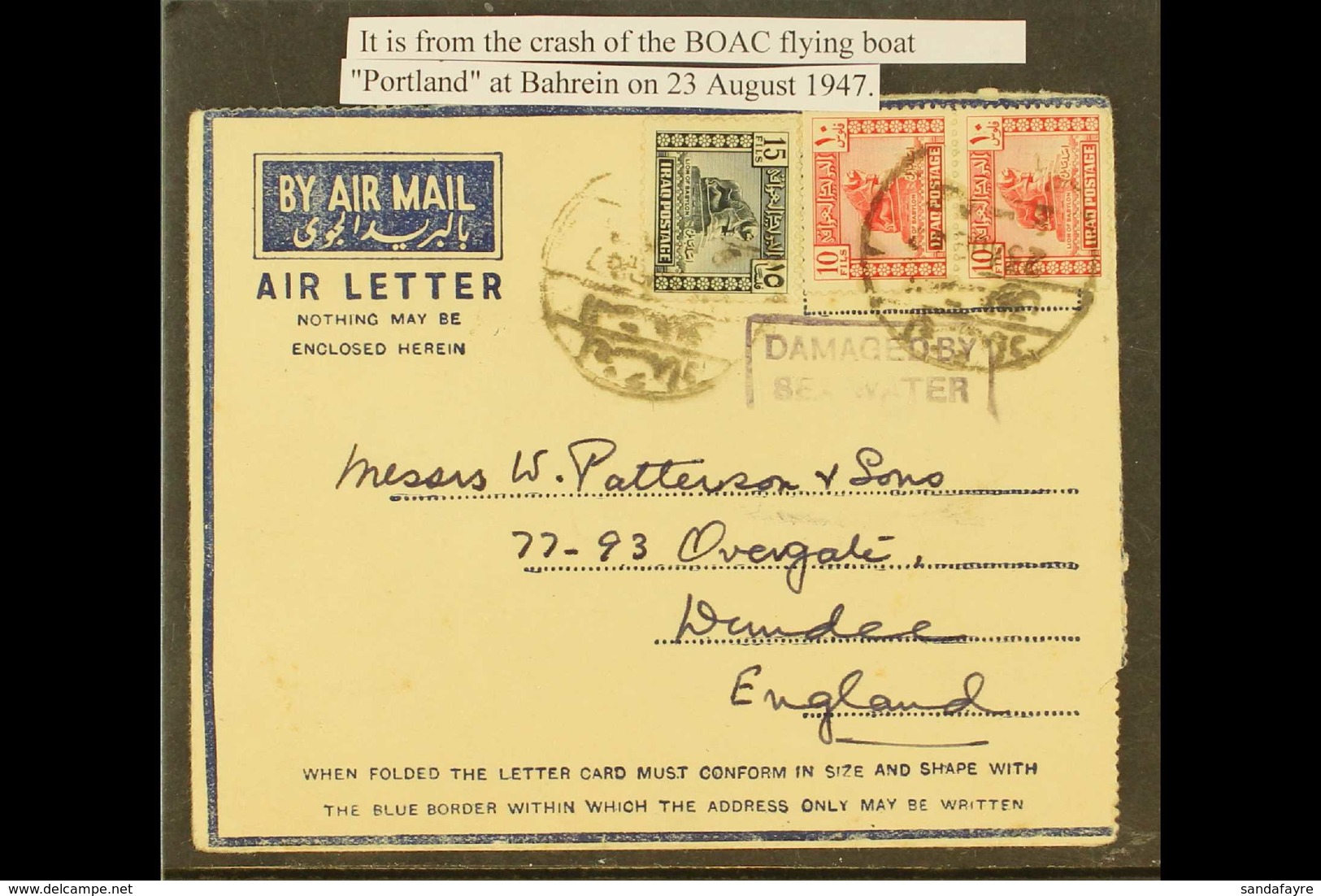 CRASH MAIL 1947 (23 Aug) Air Letter From Iraq To England, Franked 10f X2 & 15f Stamps, Flown On "Portland" Flying Boat T - Altri & Non Classificati