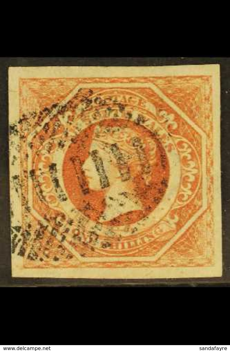 NEW SOUTH WALES 1854-59 1s Rosy Vermilion Diadem, SG 99, Very Fine With Four Large Margins And Neat Barred Cancel.  For  - Other & Unclassified