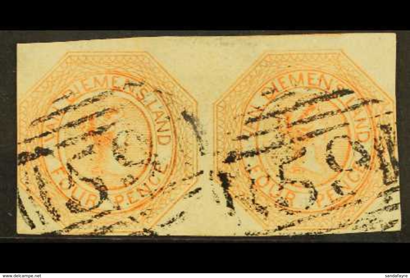TASMANIA 1853 4d Bright Red-orange, Plate 1, First State, SG 5, A Fine Used HORIZONTAL PAIR With Clear To Large Margins, - Altri & Non Classificati