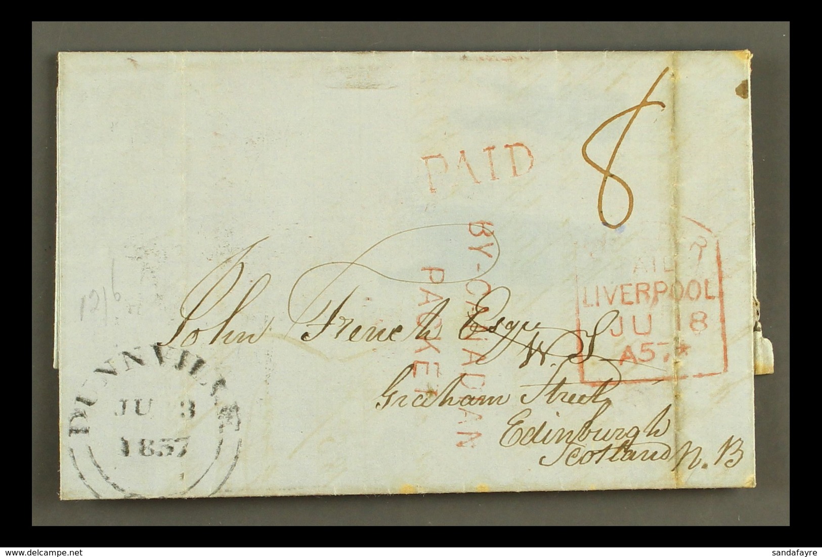 1857 (3 Jun) EL From Dunville To Edinburgh With "8" Manuscript Rate Mark And Red "PAID" With Fair Red Tombstone Framed " - Altri & Non Classificati
