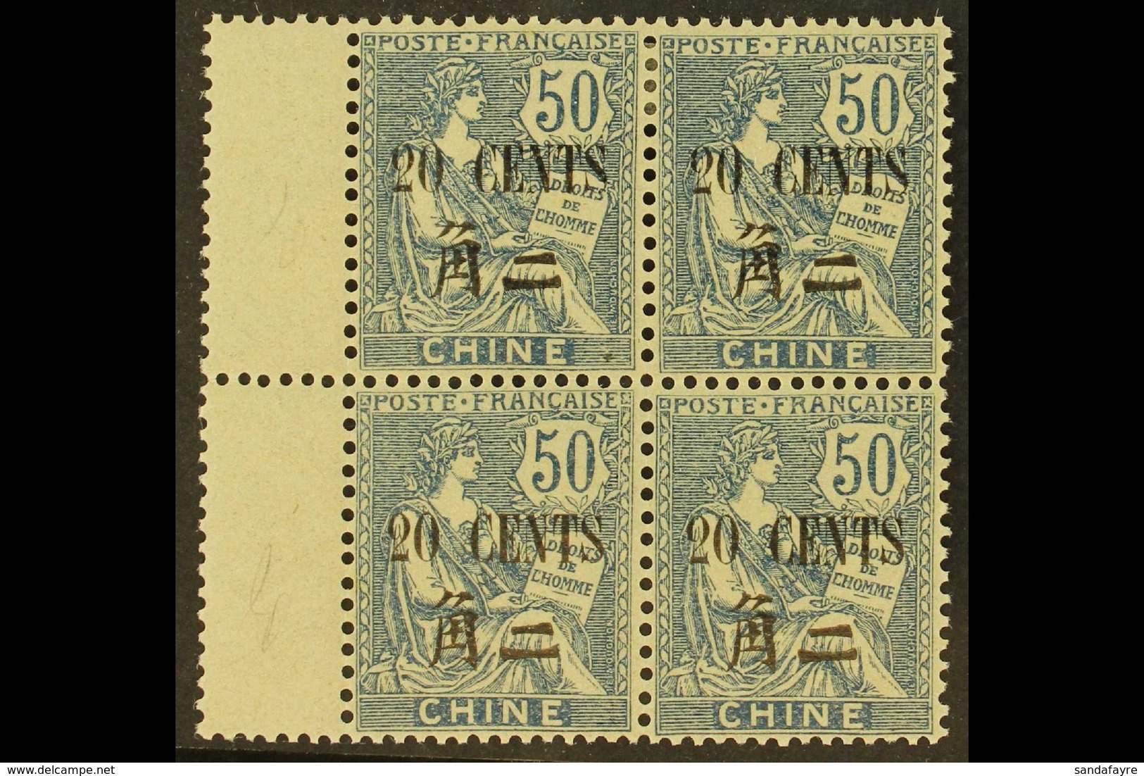 FRENCH OFFICES 1911 20c On 50c Blue Mouchon, SG 89, Marginal Mint Block Of 4. For More Images, Please Visit Http://www.s - Other & Unclassified