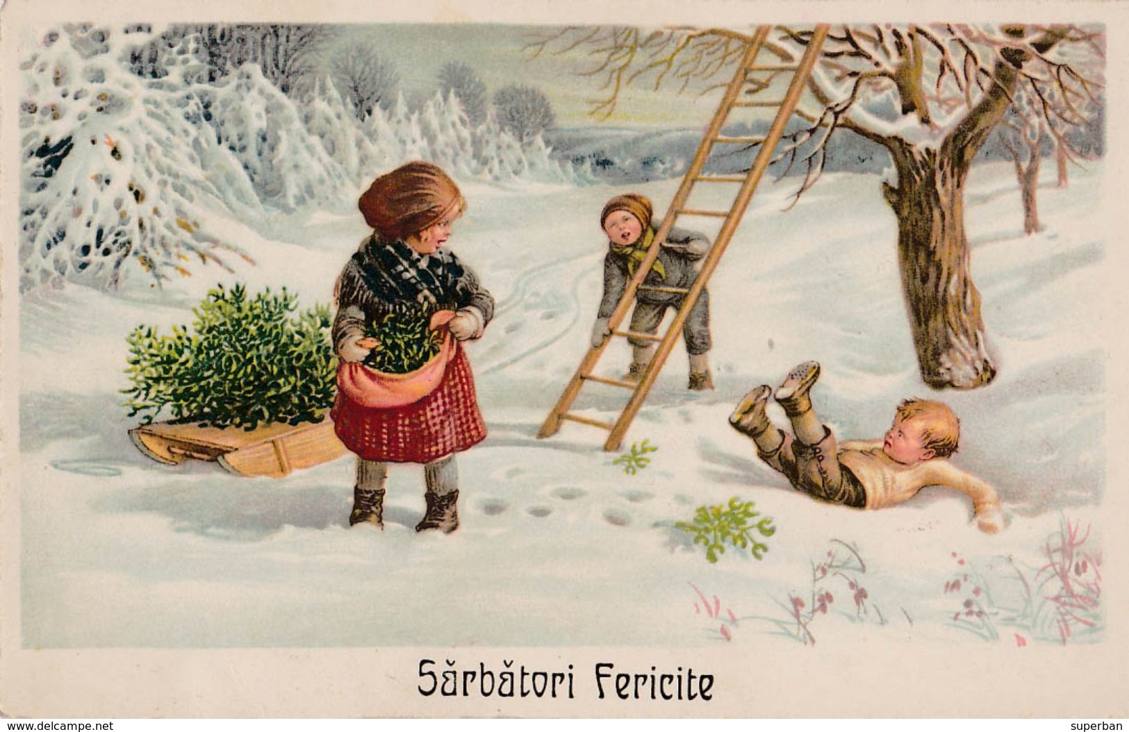 SARBATORI FERICITE / FÊTES Du NOUVEL AN / NEW YEAR'S HOLIDAYS - ROMANIA : ENFANT Et GUI En HIVER ~ 1940 - '43 (ab450) - Autres & Non Classés