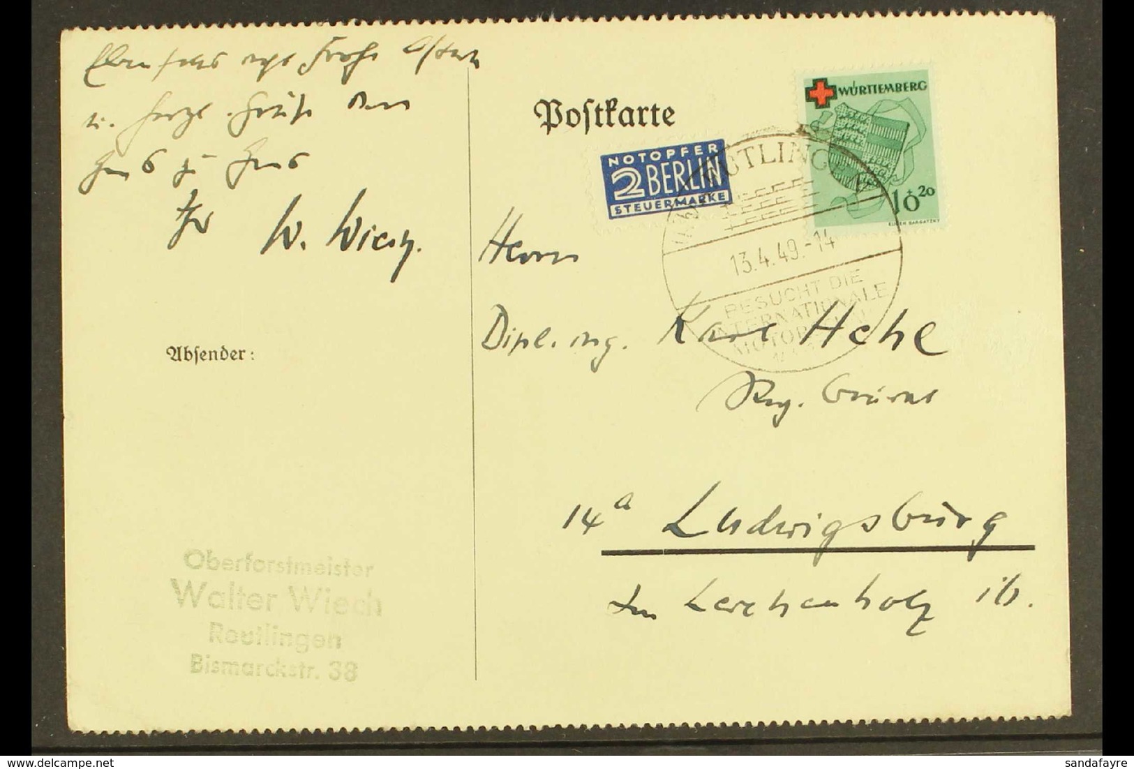 FRENCH ZONE - WURTTEMBERG 1949 (13 Apr) Postcard Bearing 10pf+20pf Red Cross Stamp (Michel 40 A, SG FW40) And Berlin 'St - Other & Unclassified